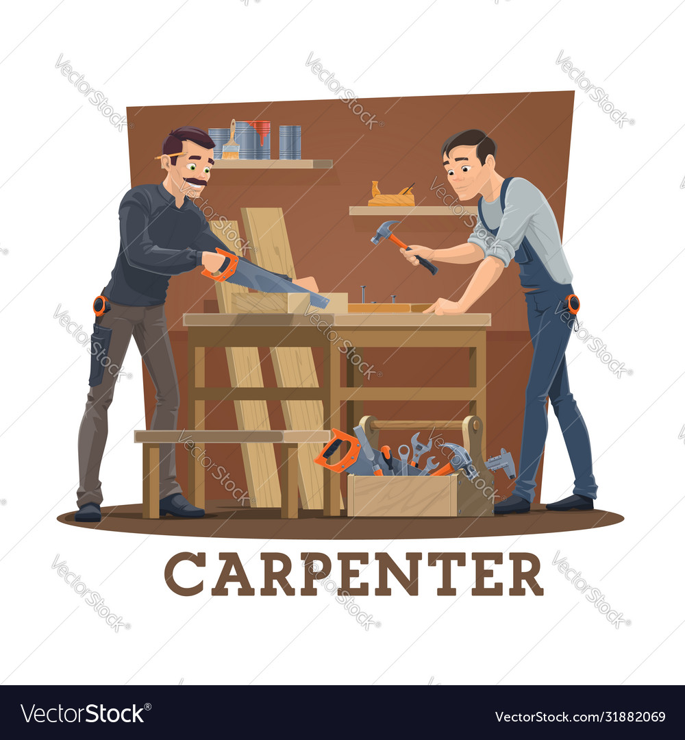 Carpenters at workshop with carpentry tools Vector Image