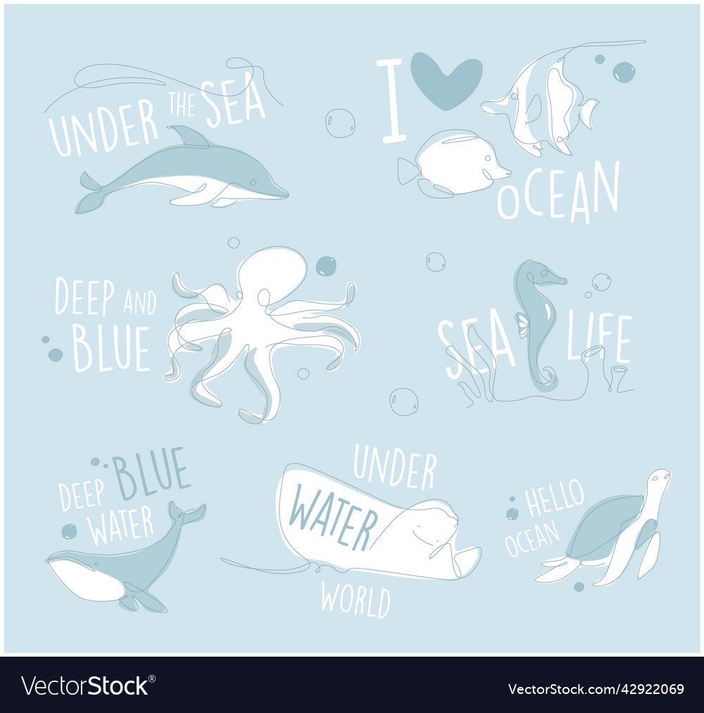 One line marine set underwater outline animals Vector Image One line marine set underwater outline animals Vector Image