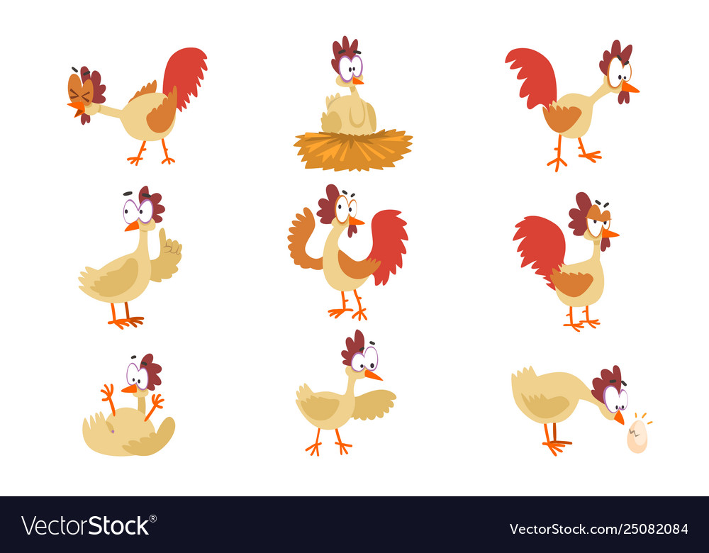 Funny hen set comic cartoon bird characters in Vector Image