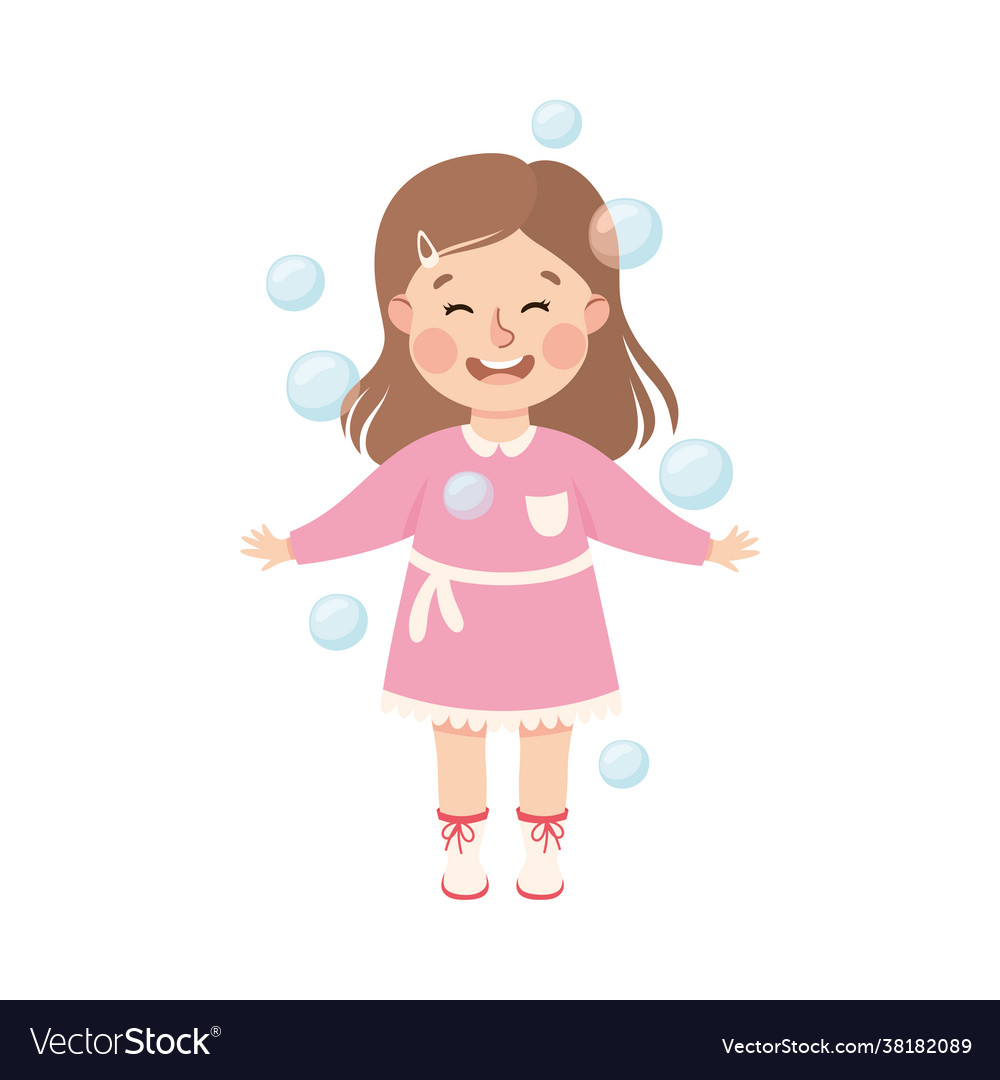 Cute girl playing soap bubbles adorable kid Vector Image