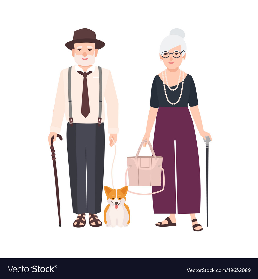 Elderly couple with canes and pet dog on leash Vector Image