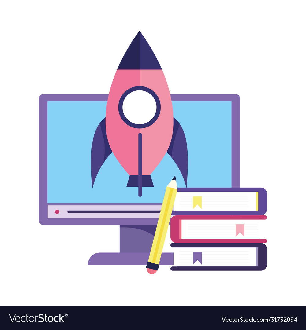 Online education computer stack books and pencil Vector Image