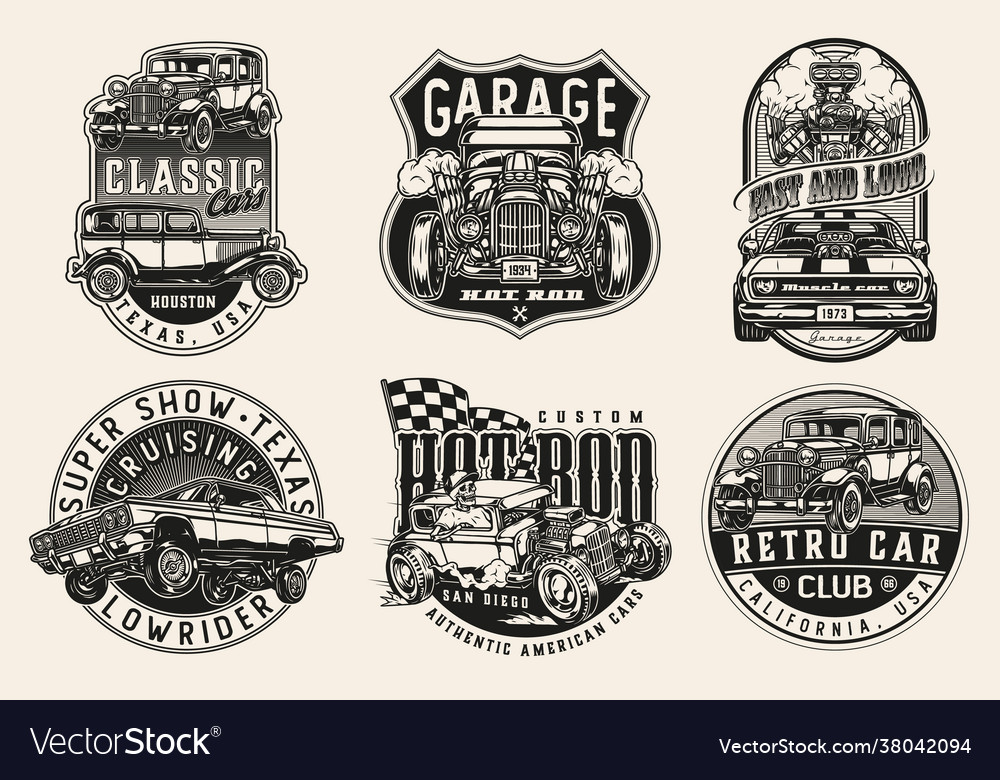 Vintage monochrome custom cars prints Royalty Free Vector