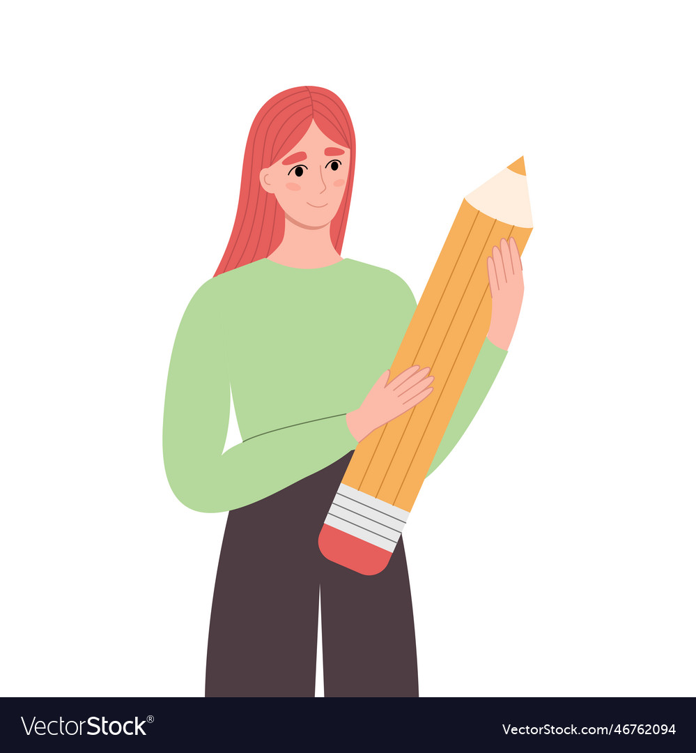 Young woman holding big pencil Royalty Free Vector Image