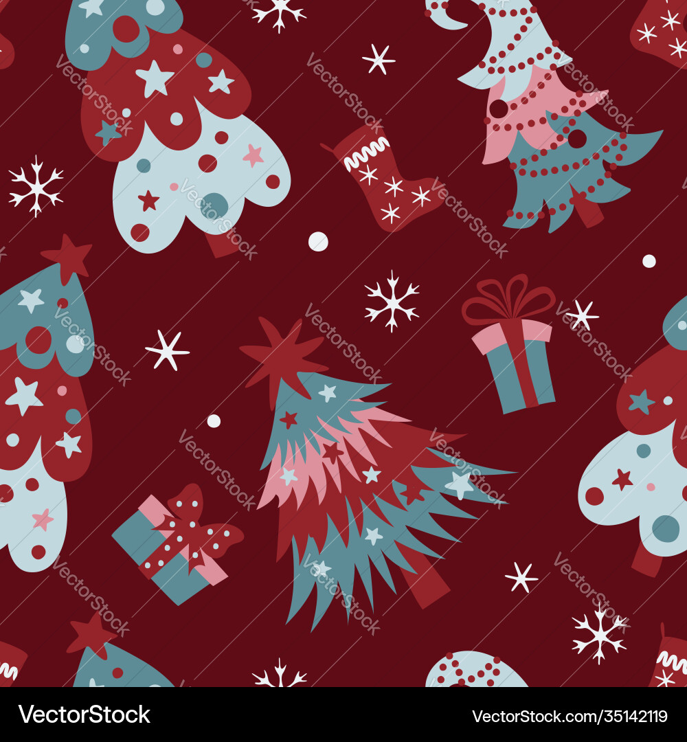 Christmas seamless pattern with pine trees gift Vector Image