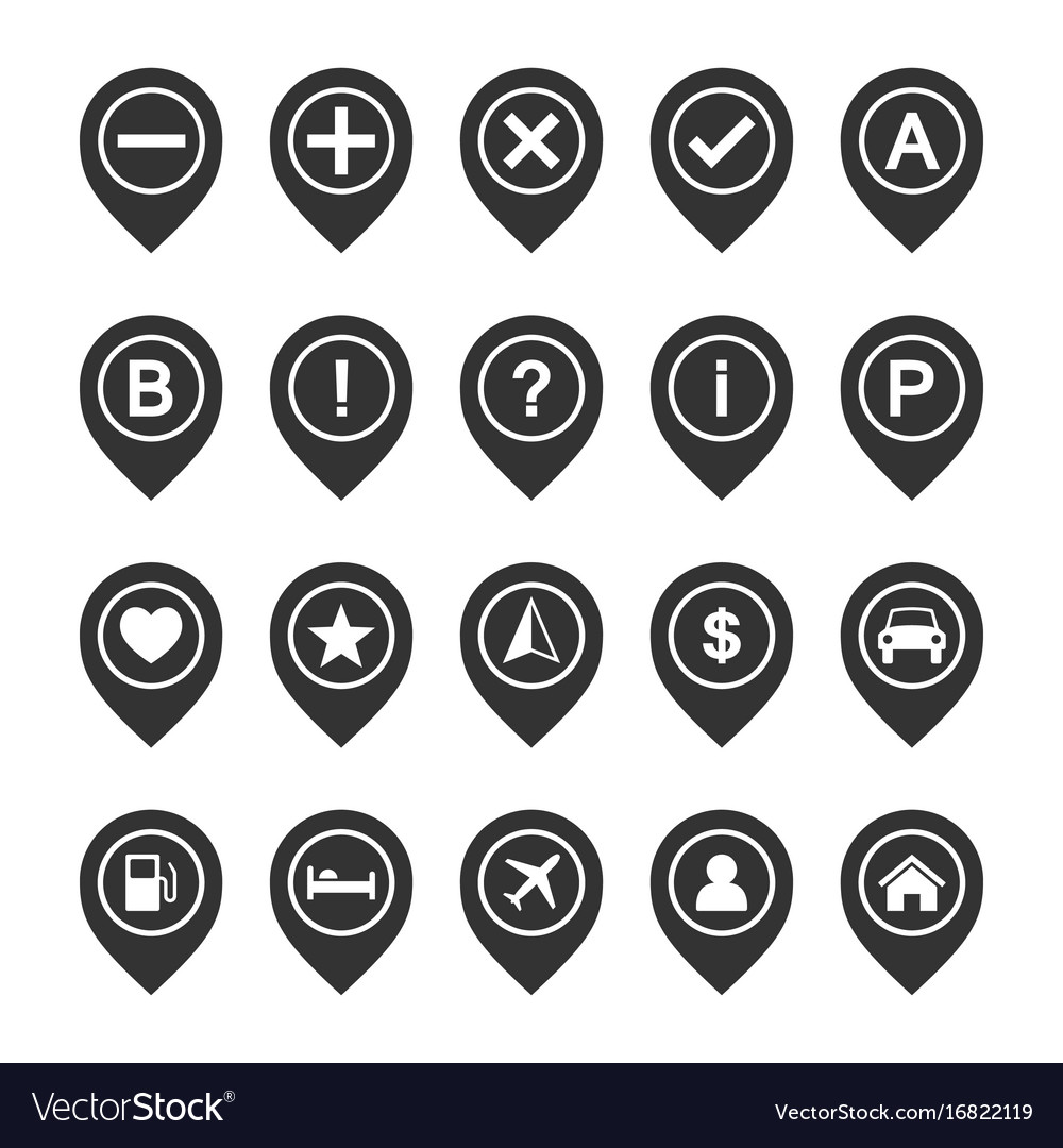 Icon set of map pins or pointers place location