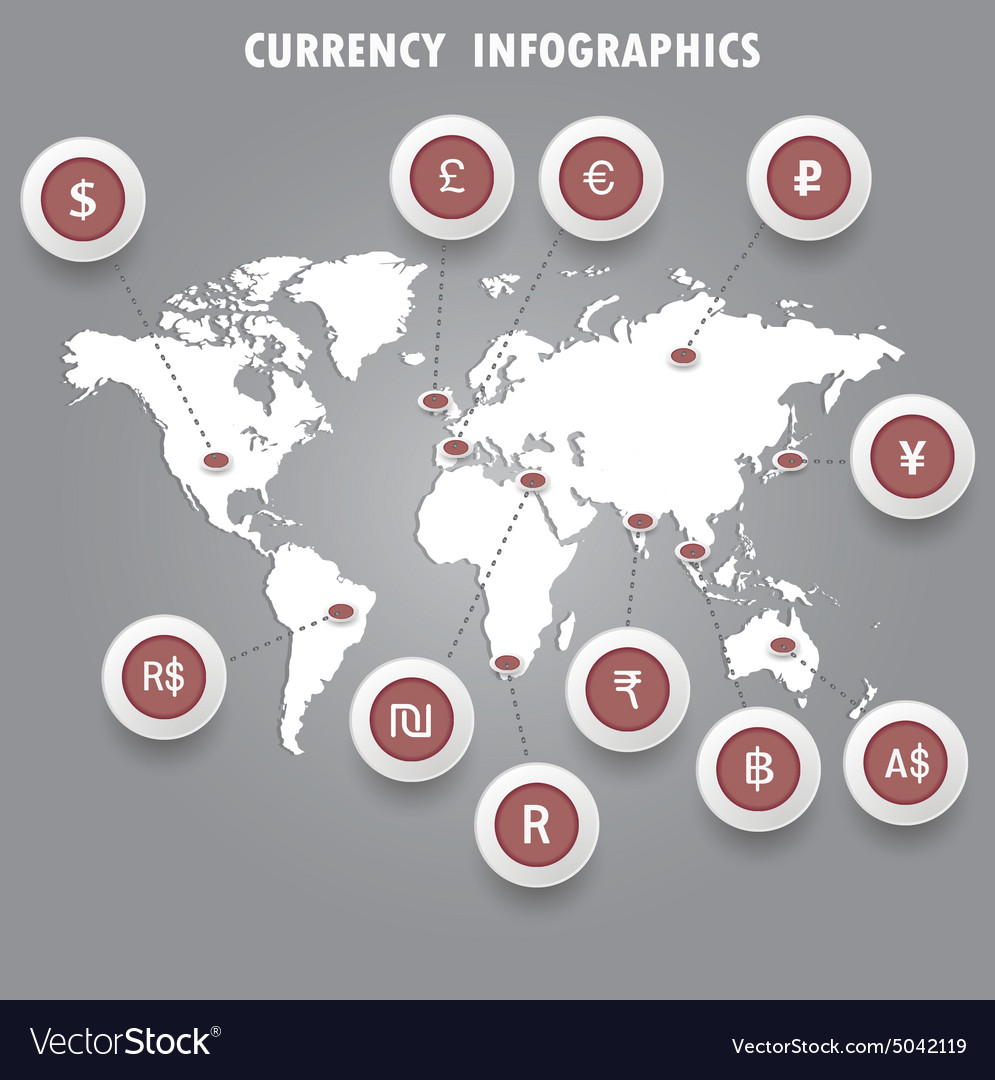 Signs of the currencies on world map Royalty Free Vector