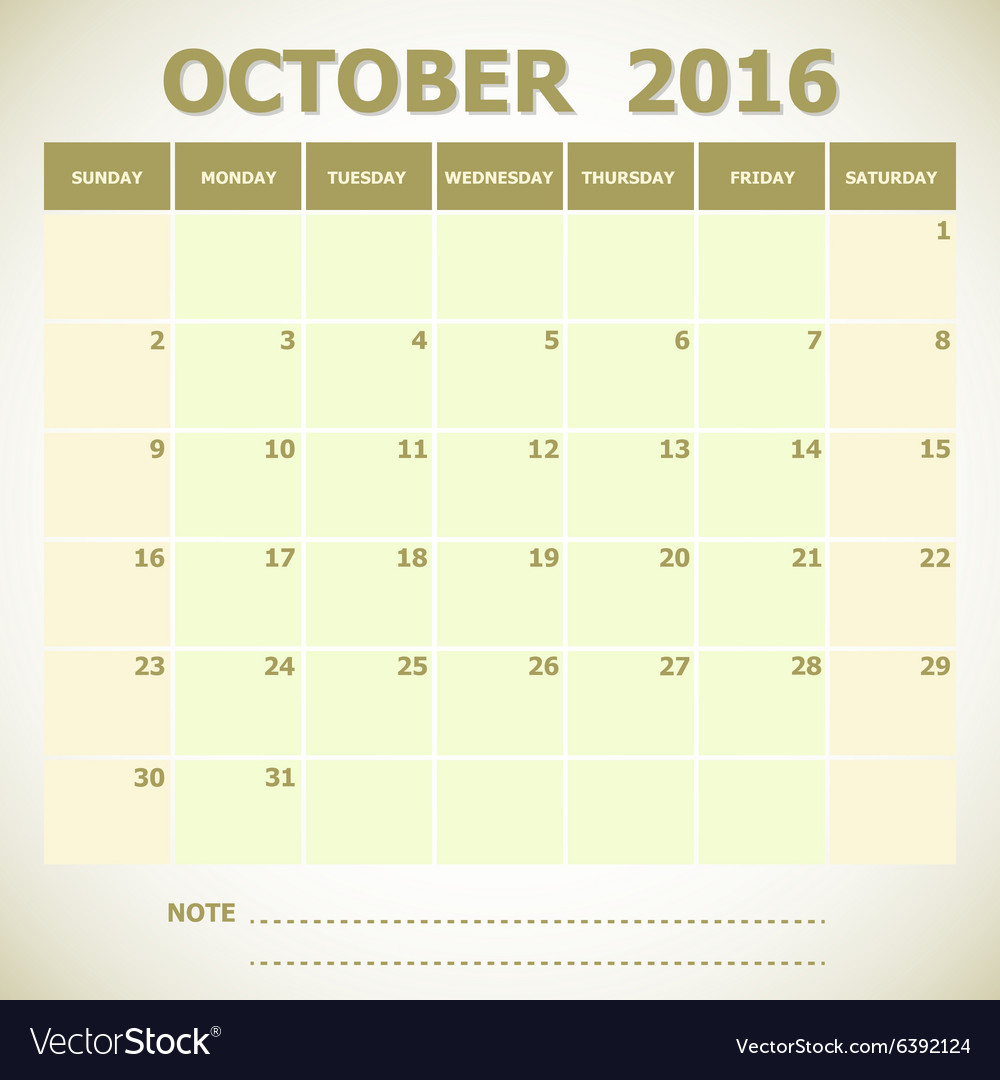 Calendar october 2016 week starts sunday Vector Image