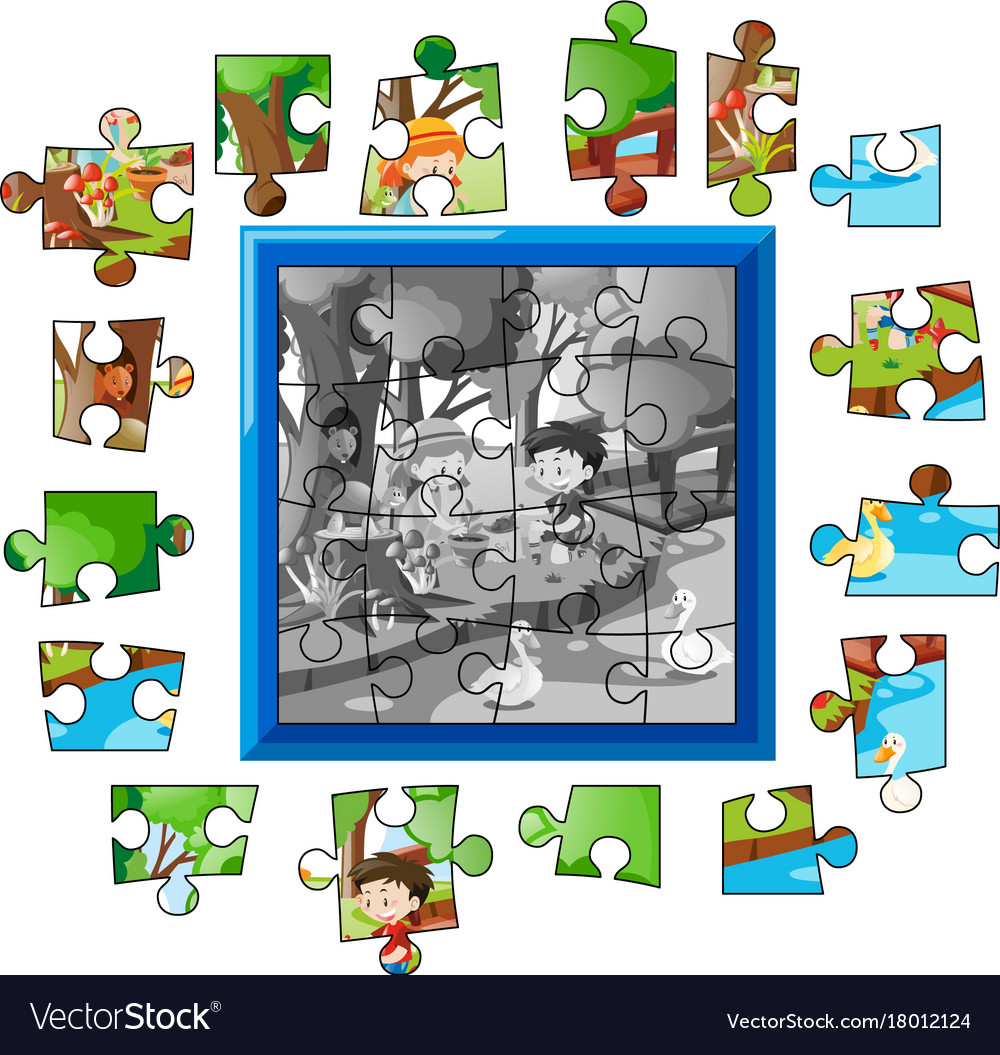 Jigsaw puzzle game with kids walking in park Vector Image