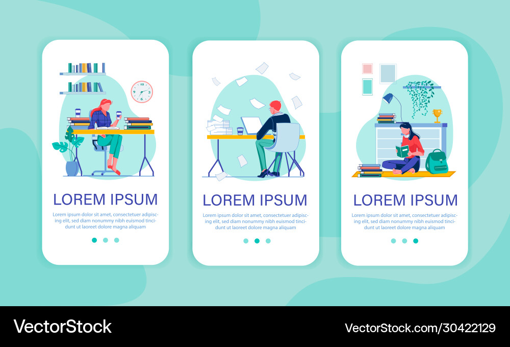 Busy student doing home assignment three piece set
