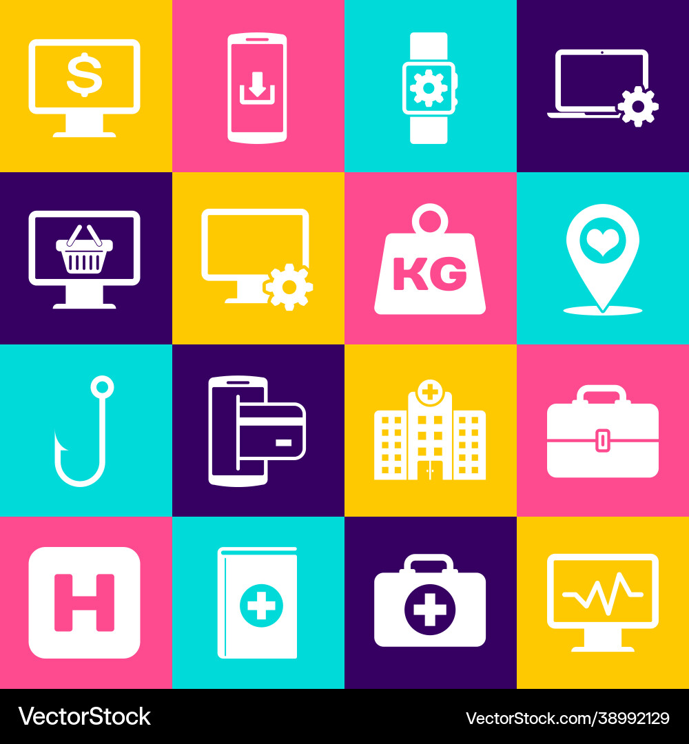 Set monitor with cardiogram toolbox map pointer Vector Image