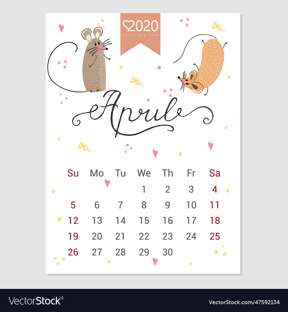 Calendar april 2020 cute monthly Royalty Free Vector Image