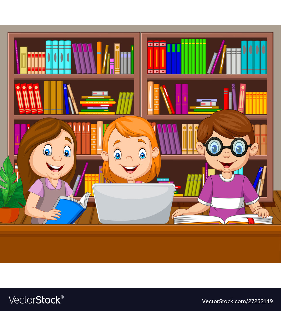 Cartoon kids studying in library Royalty Free Vector Image