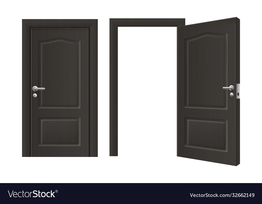 Open and closed front door black wood Royalty Free Vector