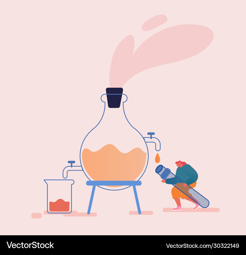 Tiny female character distilling liquid Royalty Free Vector