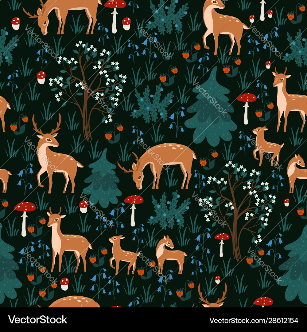Seamless pattern with deers in forest Royalty Free Vector