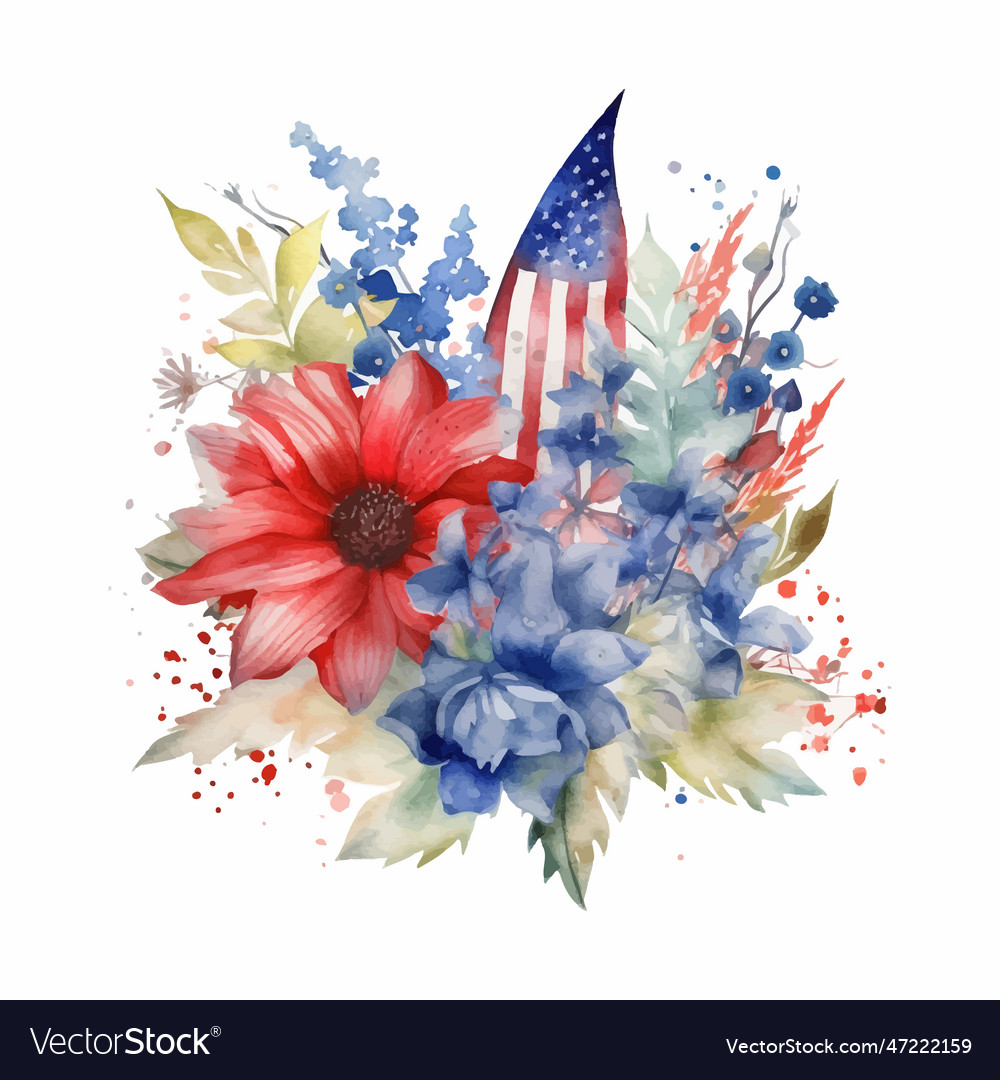 A watercolor of the american flag with flowers Vector Image