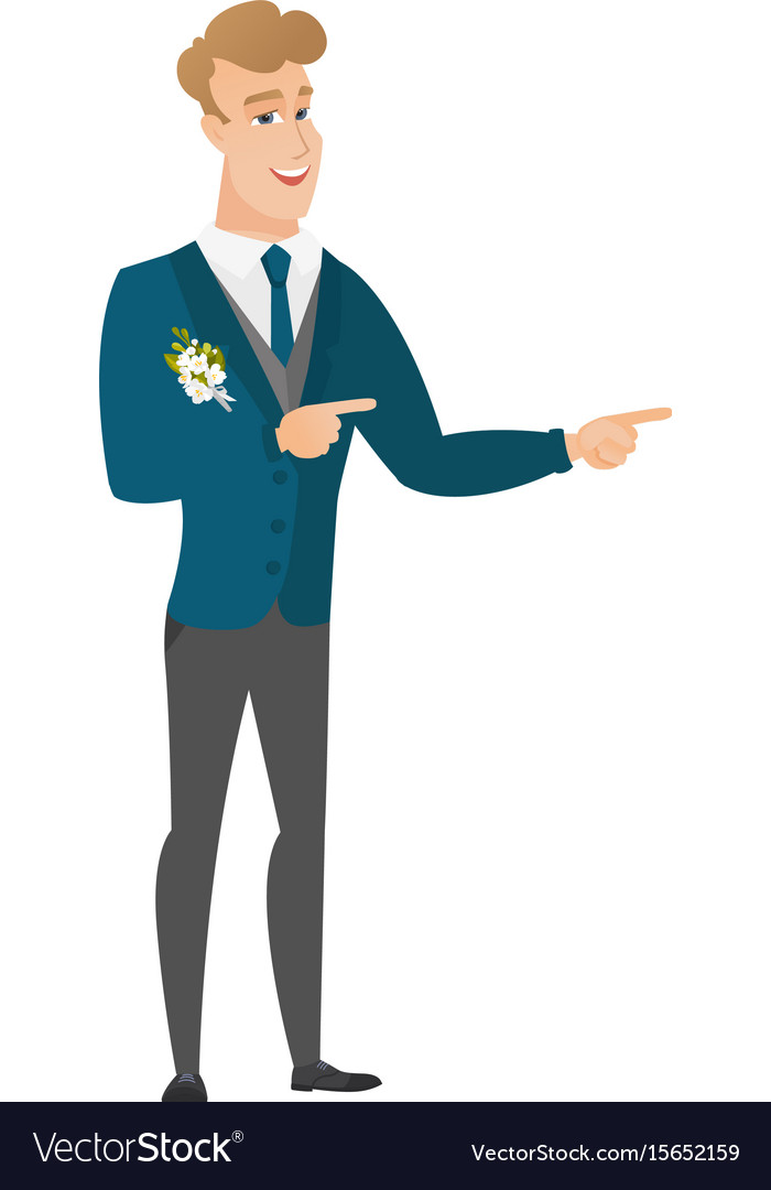 Young caucasian groom pointing to the side Vector Image