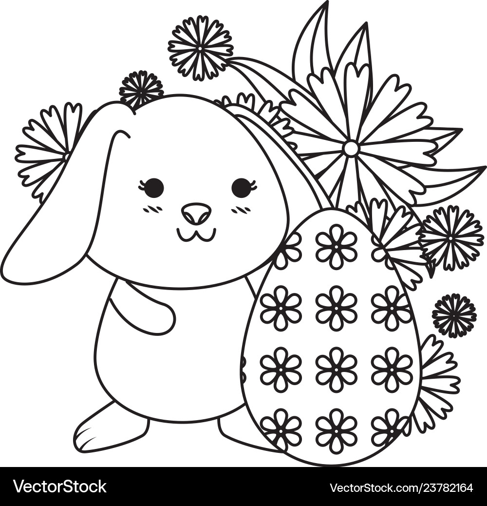 Cute rabbit with easter egg painted and flowers Vector Image