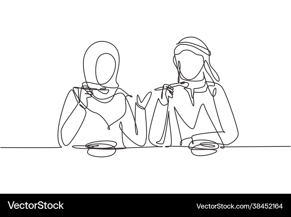 Single continuous line drawing young arab couple Vector Image