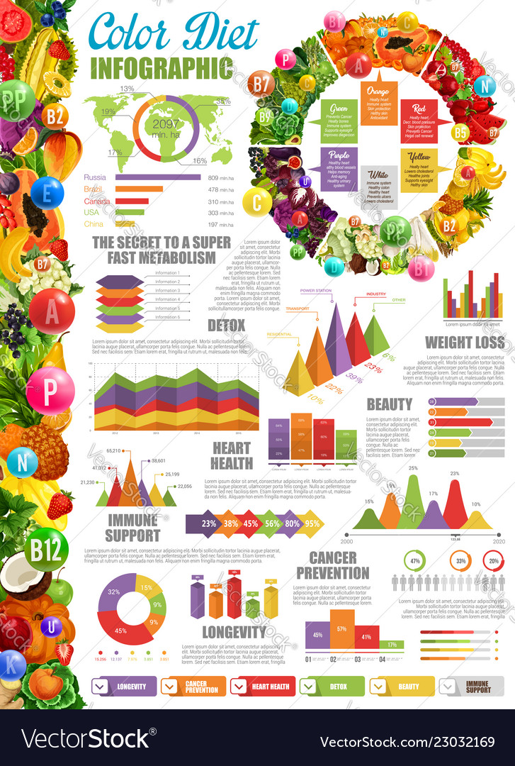 Nutrition And Color Diet Infographic With Charts Vector Image