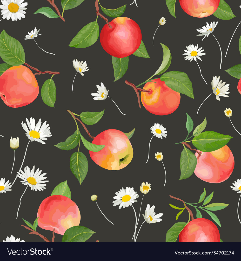 Apple pattern with daisy autumn fruits leaves Vector Image