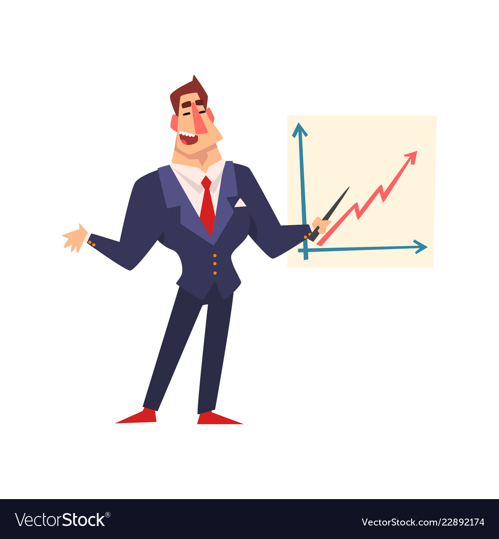 self confident businessman pointing at a vector image
