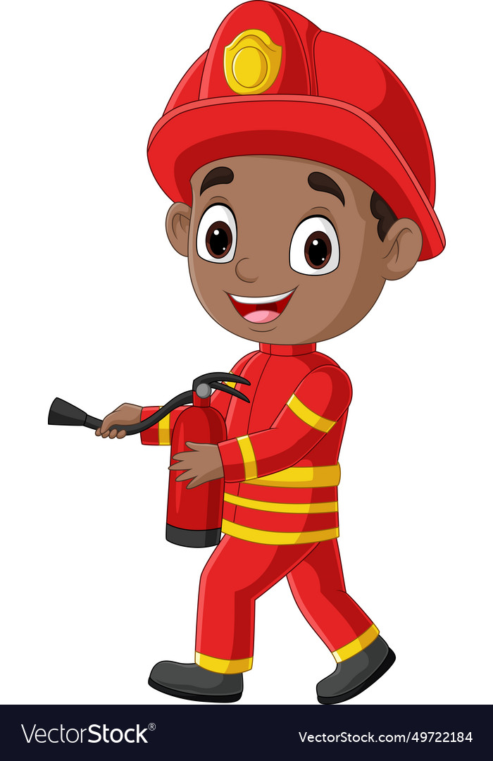 Cartoon firefighter boy holding fire extinguisher Vector Image