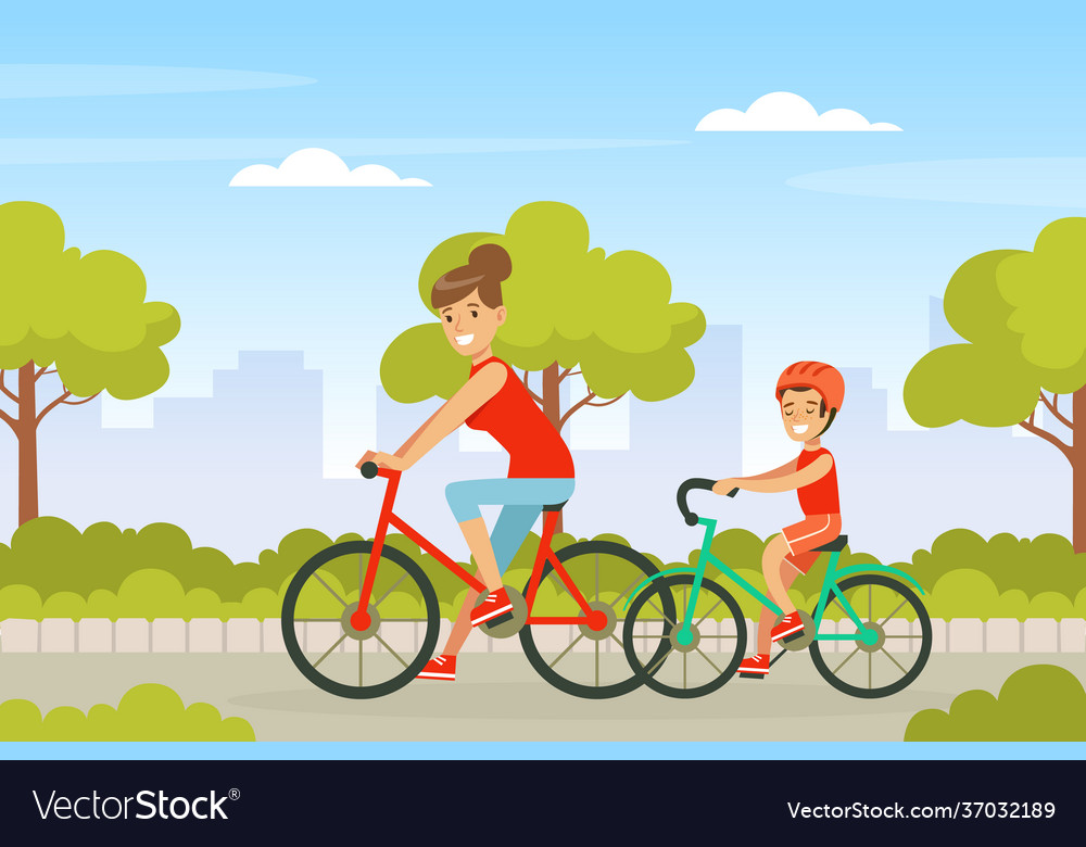 Young mother and her son riding bicycle along Vector Image