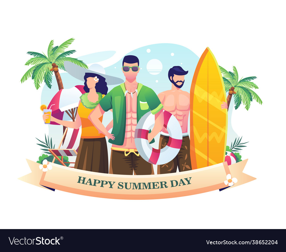 People celebrating summer day at beach happy Vector Image