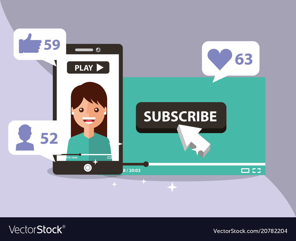 Smartphone with woman on screen subscribe like Vector Image