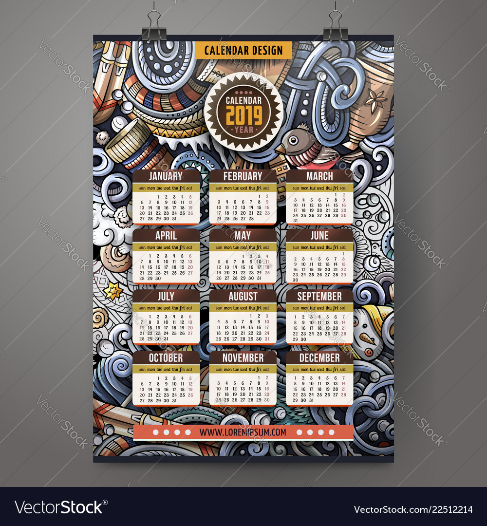 Cartoon doodles winter 2019 year calendar template