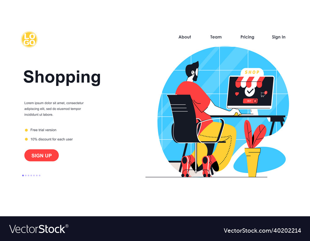 Shopping web banner concept man makes purchases Vector Image