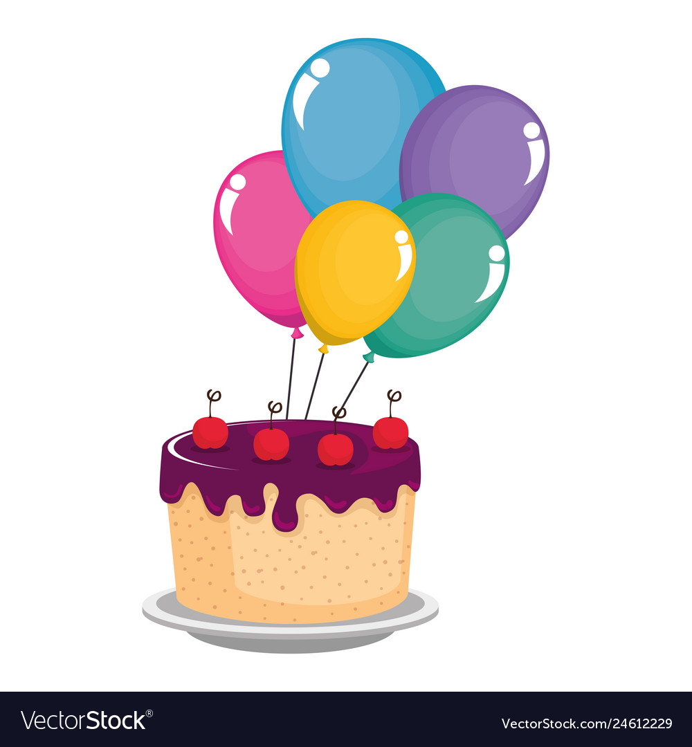 Delicious cake with cherries and balloons helium Vector Image