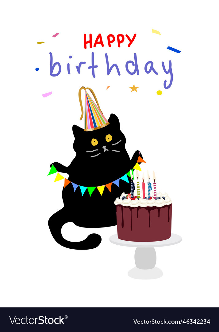 Happy birthday greeting card with cute cat Vector Image