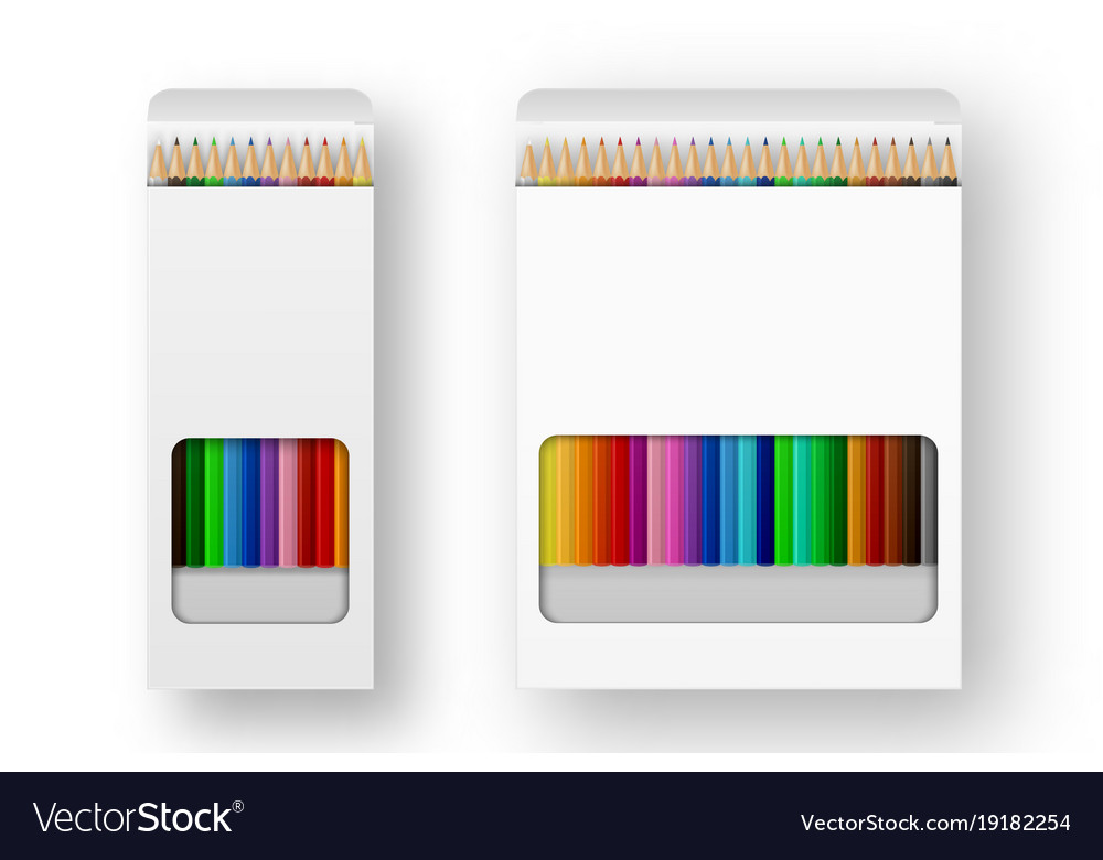 Realistic box colored pencils icon set Royalty Free Vector