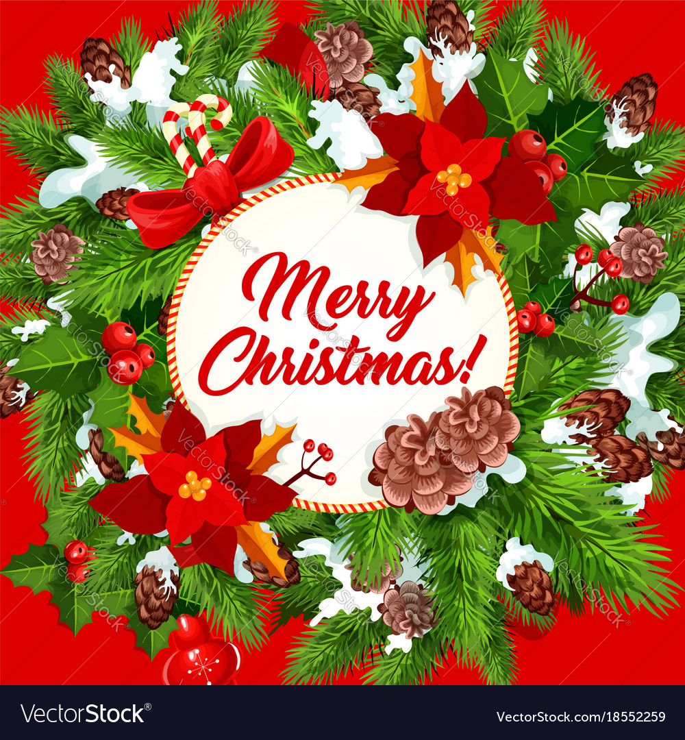 Christmas wreath poster with new year gift ribbon Vector Image