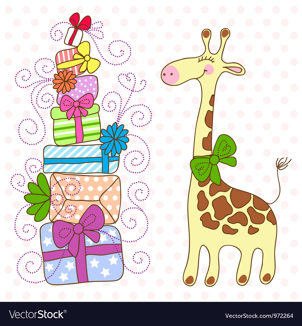 Cute giraffe with a lot of gifts