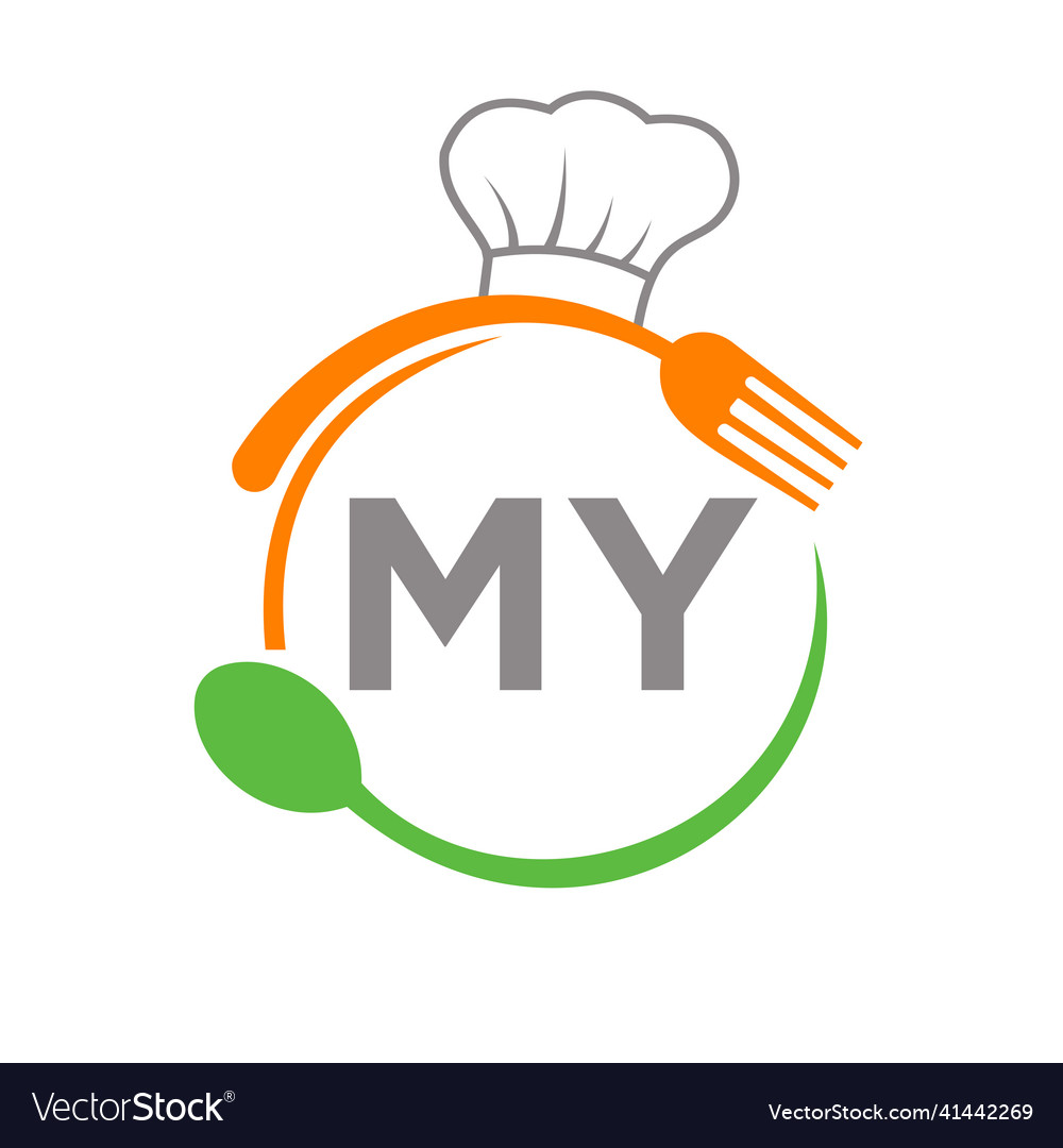 Letter my restaurant logo with chef hat spoon Vector Image