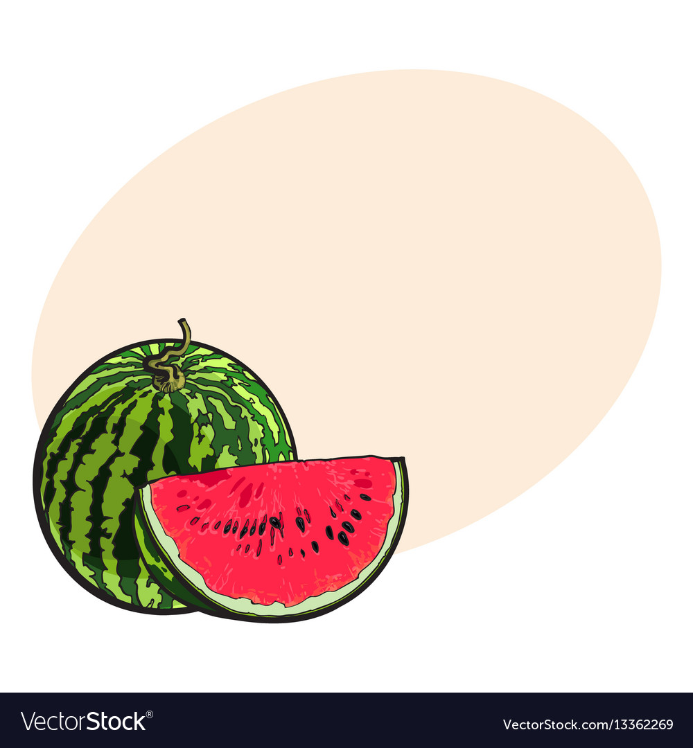 Whole watermelon and red slice with black seeds