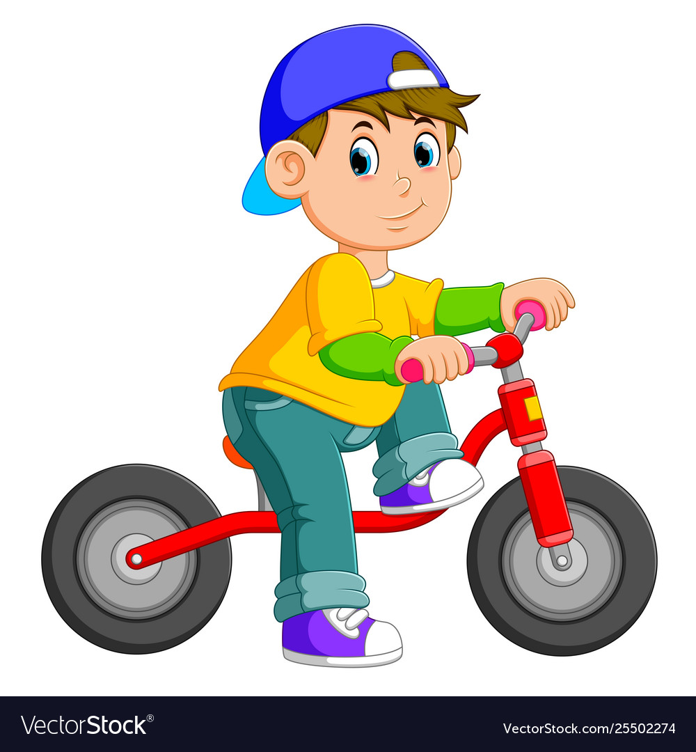 Boy is posing on red bicycle Royalty Free Vector Image