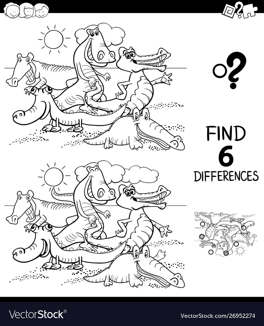 Differences color book with crocodiles characters Vector Image