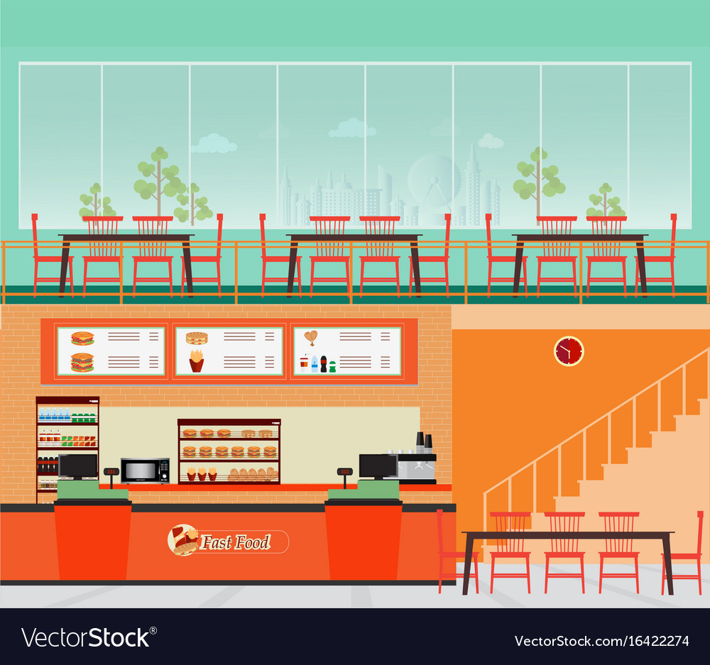 Fast food restaurant interior with hamburger and Vector Image