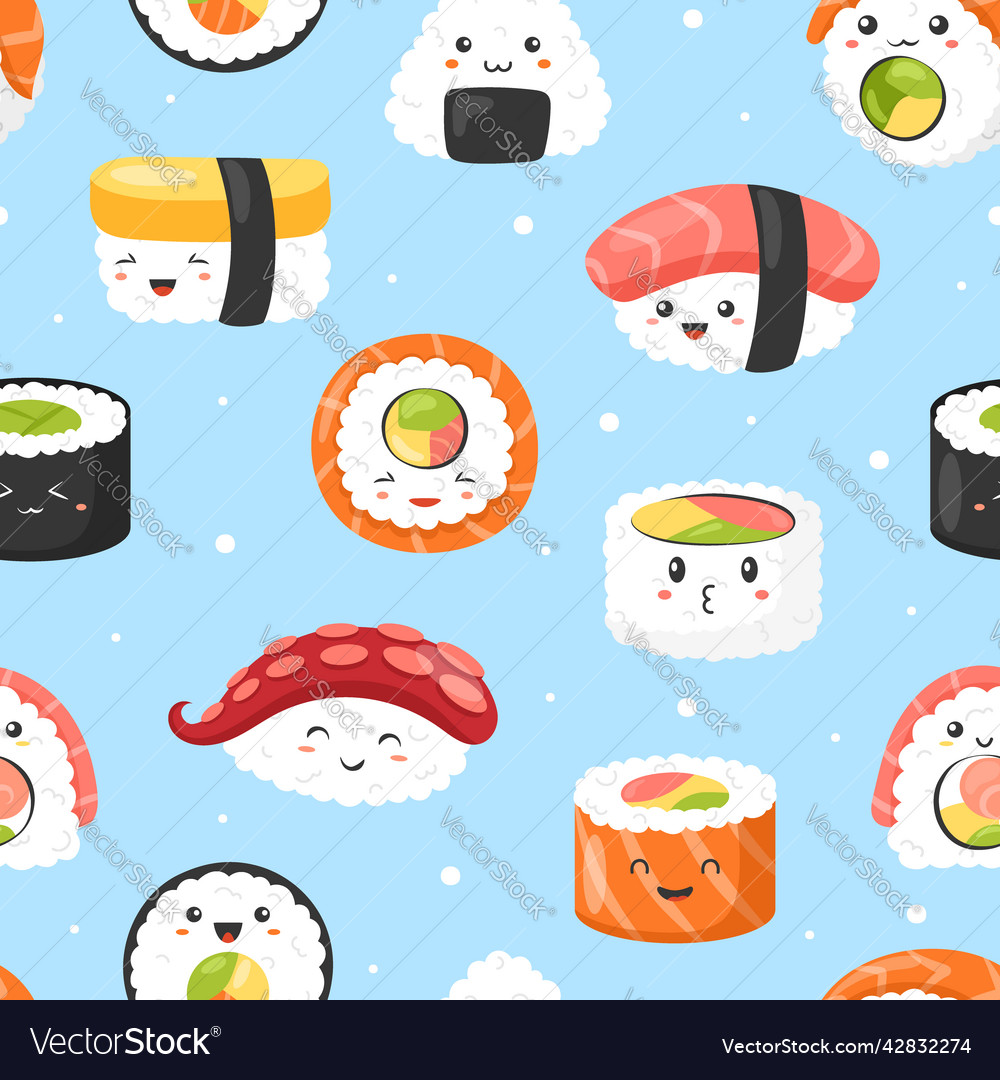 Kawaii sushi seamless pattern vector image Kawaii sushi seamless pattern
