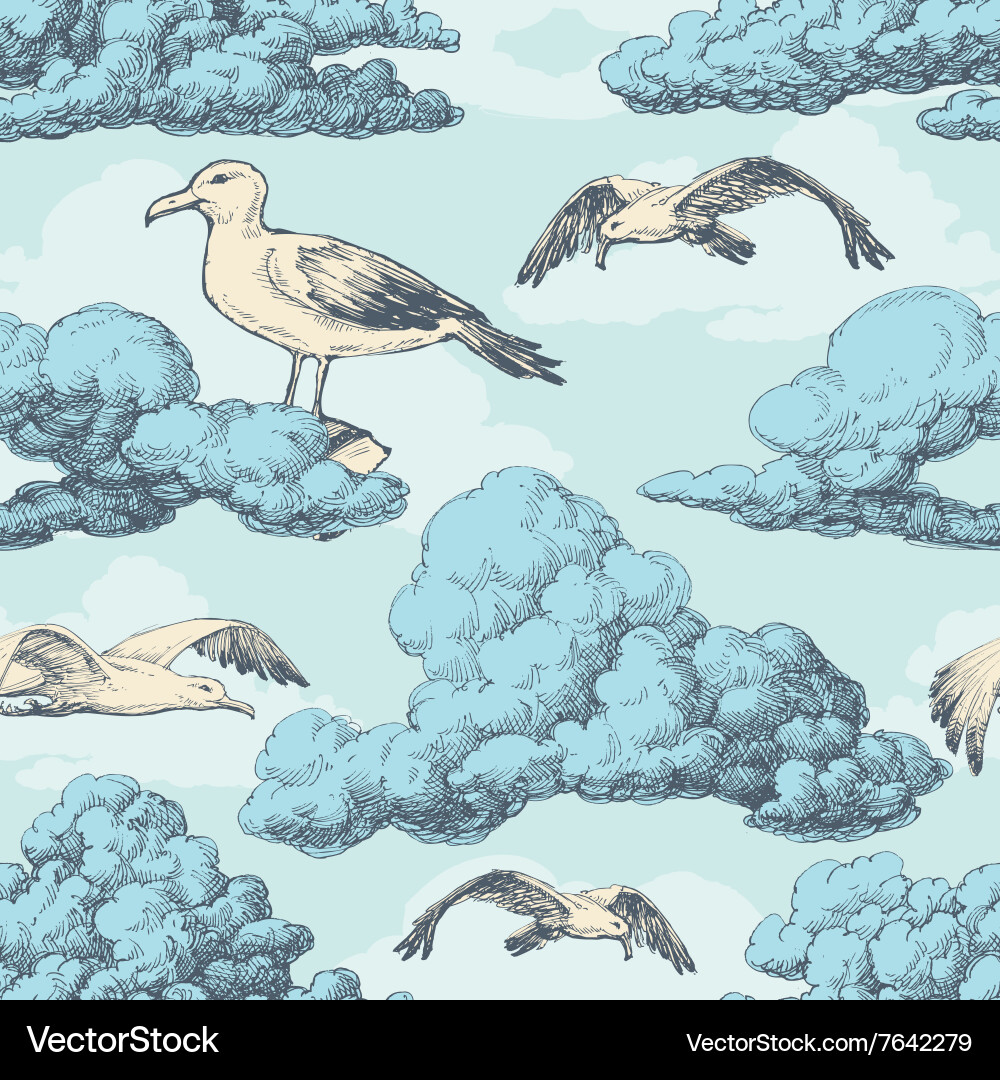 Sky seamless pattern clouds and birds Royalty Free Vector