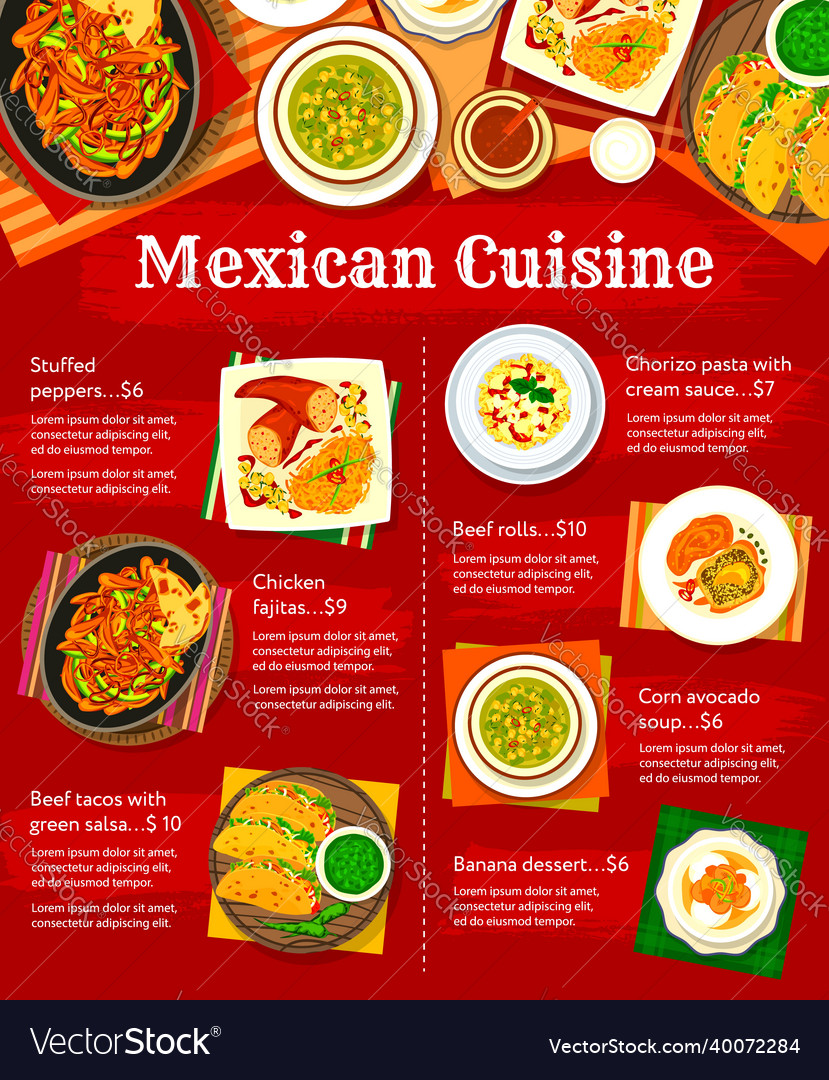 Mexican cuisine food menu with vegetable and meat Vector Image