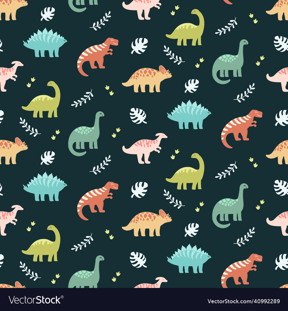 Dinosaurs and leaves seamless pattern on dark Vector Image