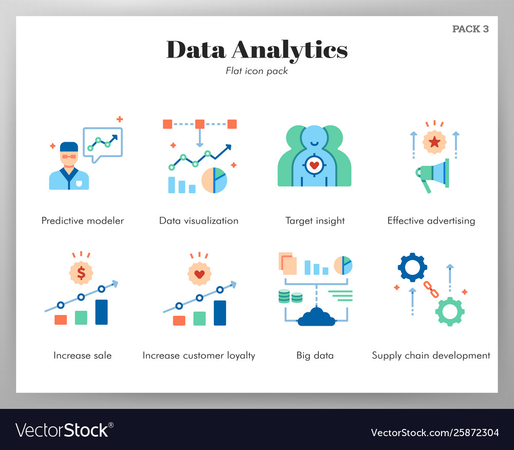 Data analytics icons flat pack Royalty Free Vector Image