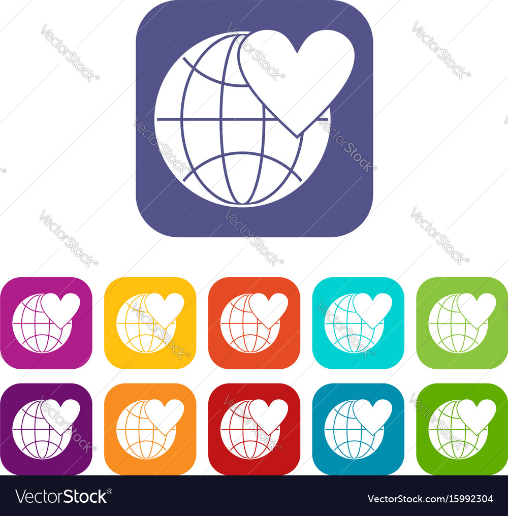 Earth world globe with heart icons set Royalty Free Vector