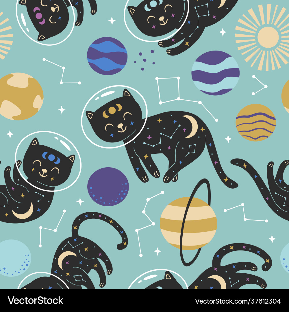 Seamless pattern with celestial cats in space on b